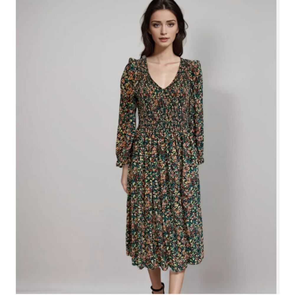 J. Crew Factory V Neck Smocked Midi Dress Size XS Prairie